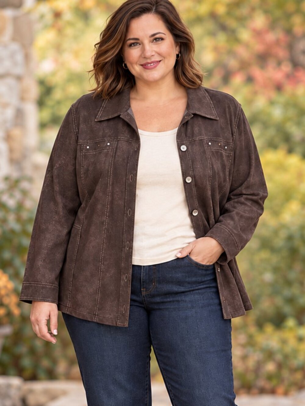 NWT! C Woman Brown Suede Look Jacket Shacket 24 Plus Size Studded Button Front